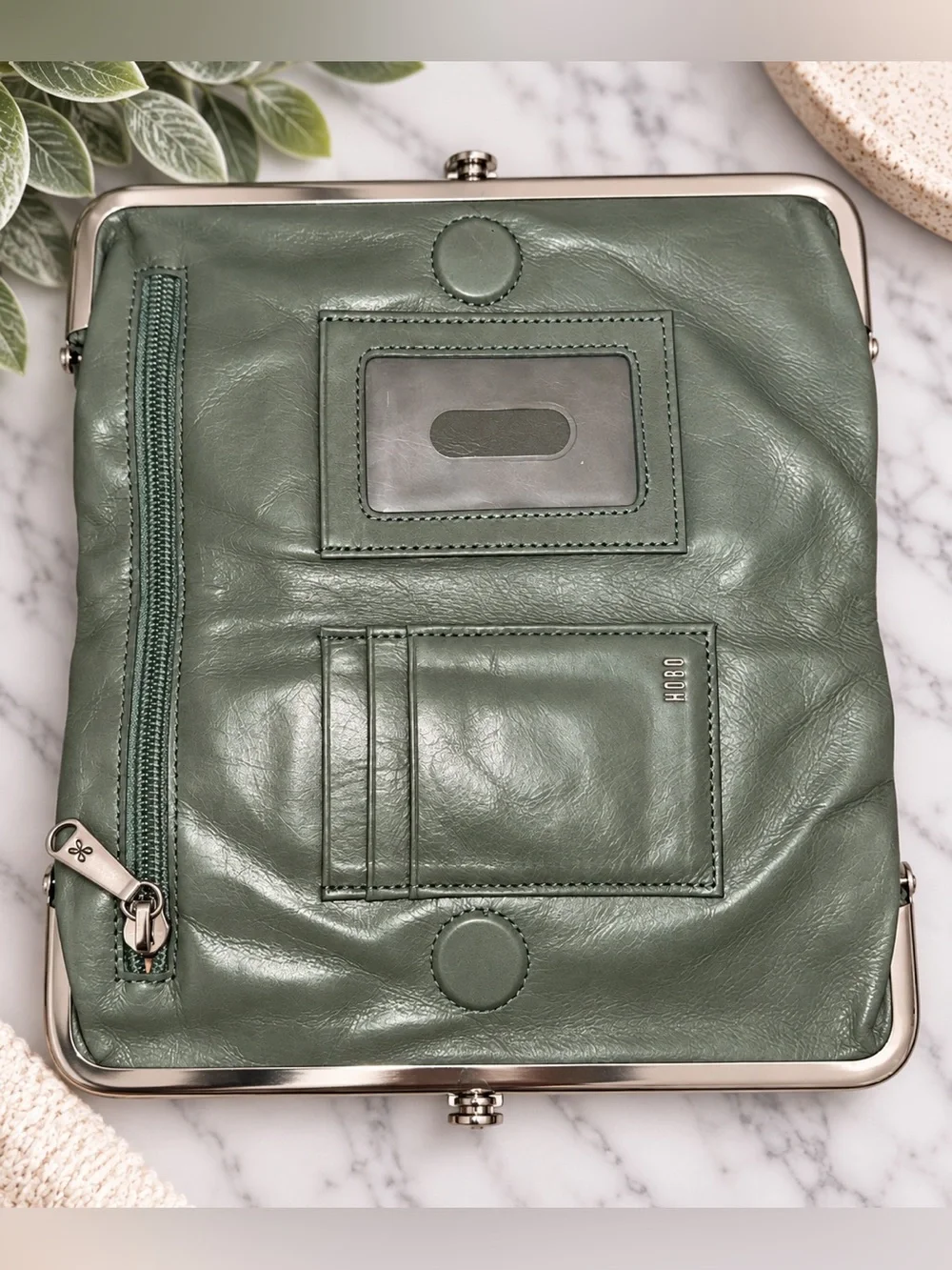 HOBO Lauren Sage Green Leather Double-Frame Clutch Wallet